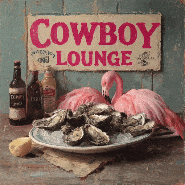 Flamingos with a platter of oysters beneath a Cowboy Lounge sign